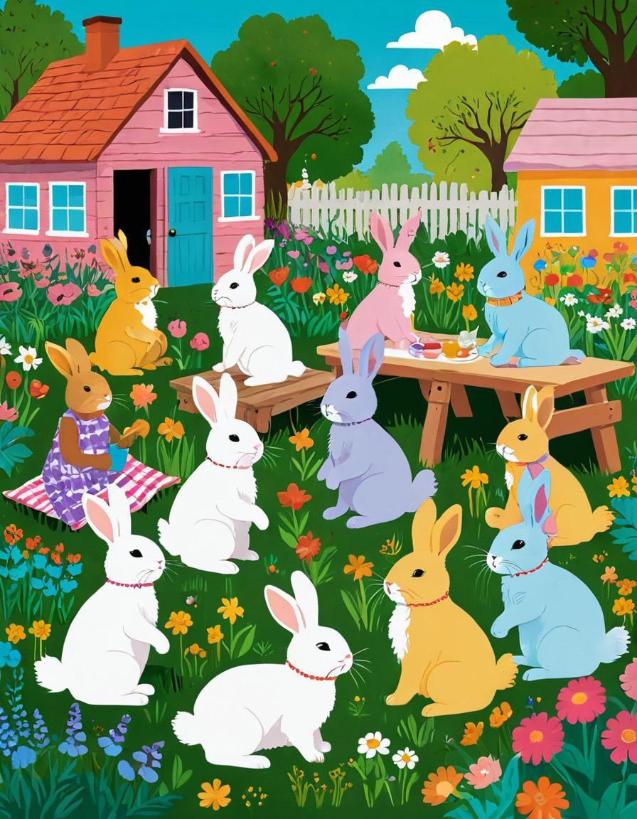 A joyful scene featuring a diverse group of people interacting with fluffy bunnies in a vibrant community garden. Include colorful flowers and playful children gently holding the bunnies, emphasizing care and companionship. Add in whimsical elements like butterfly decorations and picnic blankets to enhance the atmosphere of fun activities for pet lovers. Bright, cheerful colors. playful illustration style.