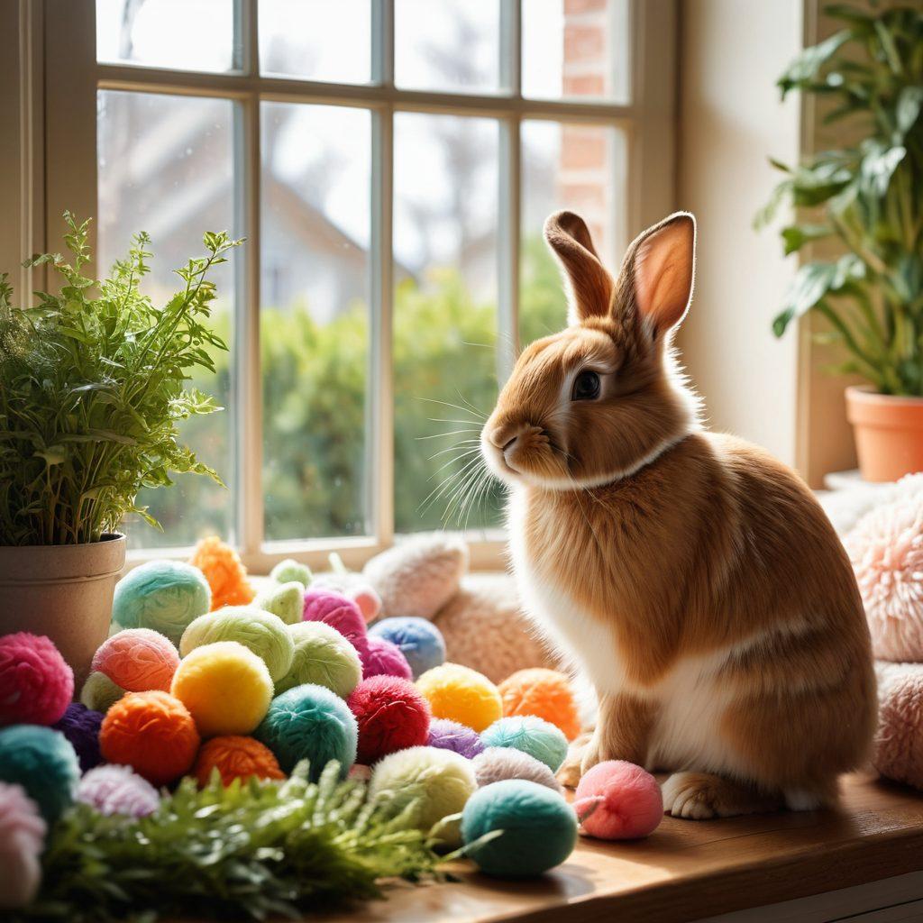 A cozy living room setting with a fluffy rabbit being gently groomed by a loving owner, surrounded by colorful rabbit toys and feeding supplies. Sunlight filters through a window, casting a warm glow on the scene, highlighting the playful bond between the rabbit and its caretaker. Fresh greens and treats are scattered nearby, showcasing a caring atmosphere. soft-focus background, bright and cheerful colors, inviting and heartwarming. super-realistic. vibrant colors.
