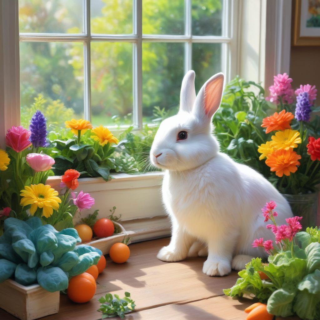 A cozy indoor scene featuring a happy bunny exploring a lush green garden filled with colorful flowers and vegetables. The setting includes a playful rabbit owner gently petting the bunny, surrounded by bunny toys and a warm sunbeam filtering through a window. Add soft pastel colors to create a nurturing atmosphere, showcasing love and care for pets. painting. vibrant colors.